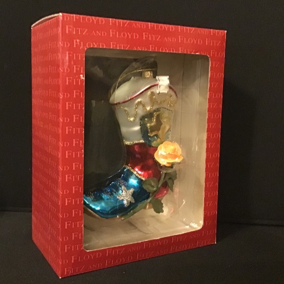 NWT Vintage Fitz & Floyd Cowboy Boot & Yellow Rose glass ornament. - Picture 2 of 8